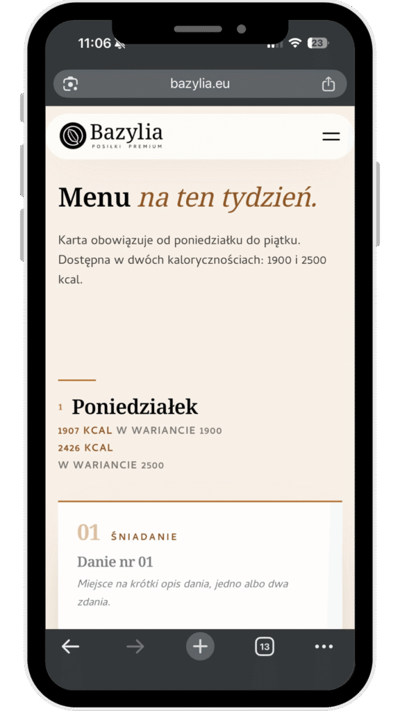 Menu Bazylii na ekranie telefonu